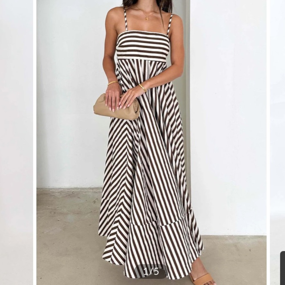 COMMENSE Brown White Stripe Maxi Dress NWT - Picture 8 of 8